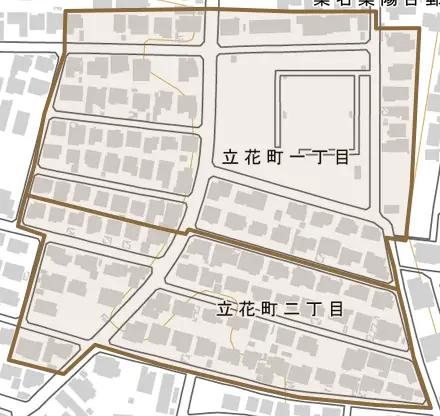 立花町とその周辺の地図。町の範囲を重ねている