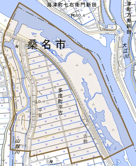 多度町平古とその周辺の地図。町の範囲を重ねている