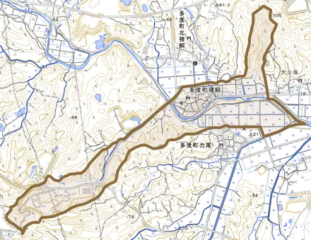 多度町猪飼とその周辺の地図。町の範囲を重ねている