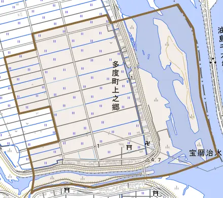 多度町上之郷とその周辺の地図。町の範囲を重ねている
