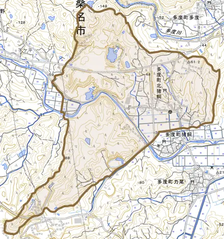 多度町北猪飼とその周辺の地図。町の範囲を重ねている