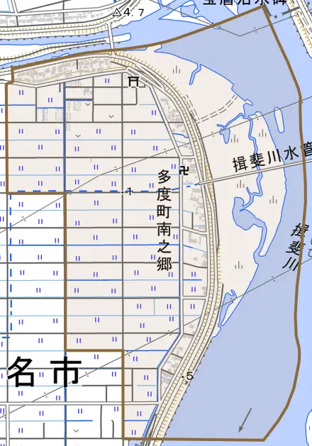多度町南之郷とその周辺の地図。町の範囲を重ねている