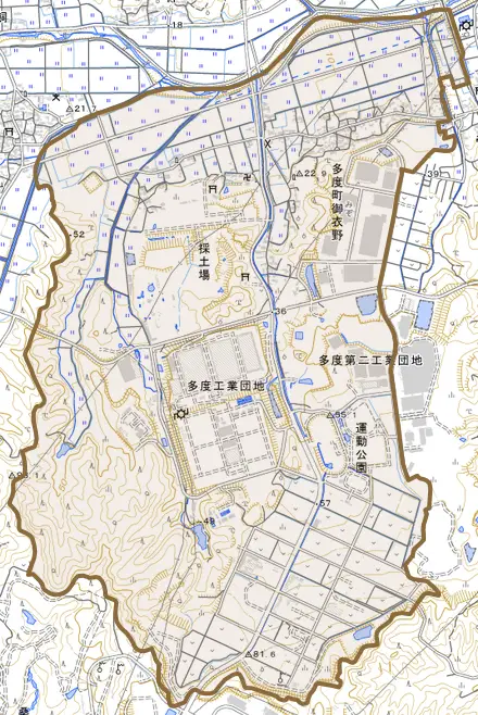 多度町御衣野とその周辺の地図。町の範囲を重ねている