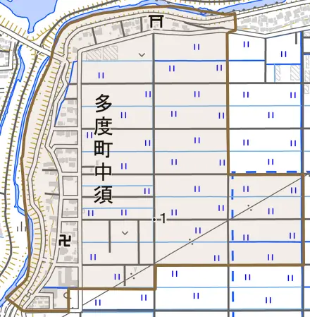 多度町中須とその周辺の地図。町の範囲を重ねている