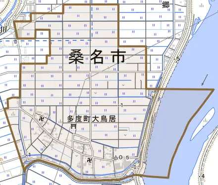 多度町大鳥居とその周辺の地図。町の範囲を重ねている