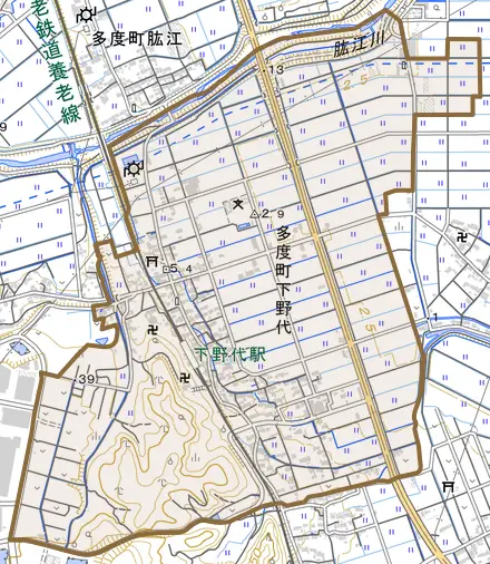 多度町下野代とその周辺の地図。町の範囲を重ねている