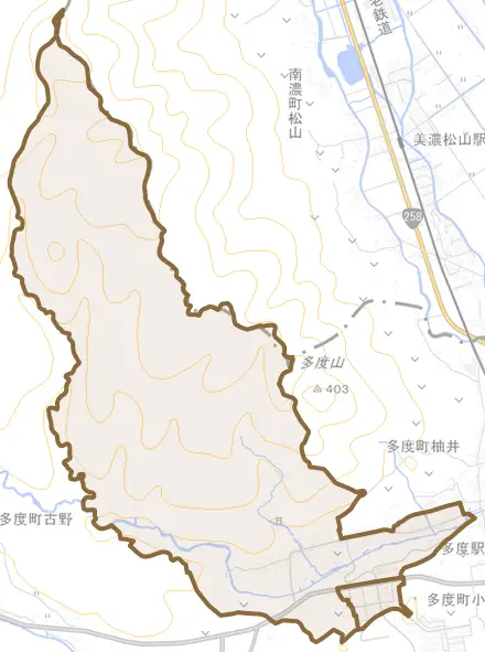 多度町多度とその周辺の地図。町の範囲を重ねている