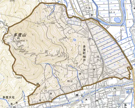 多度町柚井とその周辺の地図。町の範囲を重ねている