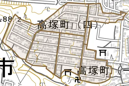 高塚町とその周辺の地図。町の範囲を重ねている