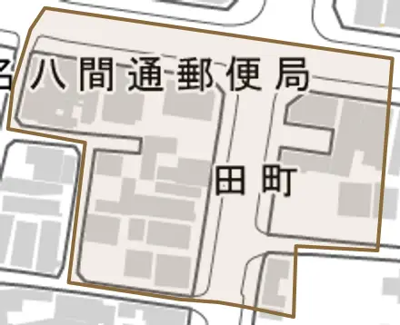 田町とその周辺の地図。町の範囲を重ねている