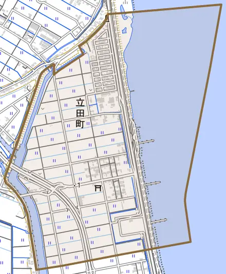 大字立田町とその周辺の地図。町の範囲を重ねている
