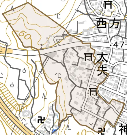 大字太夫とその周辺の地図。町の範囲を重ねている