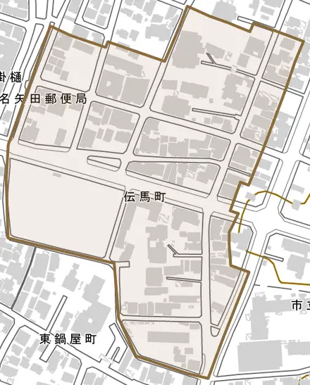 伝馬町とその周辺の地図。町の範囲を重ねている