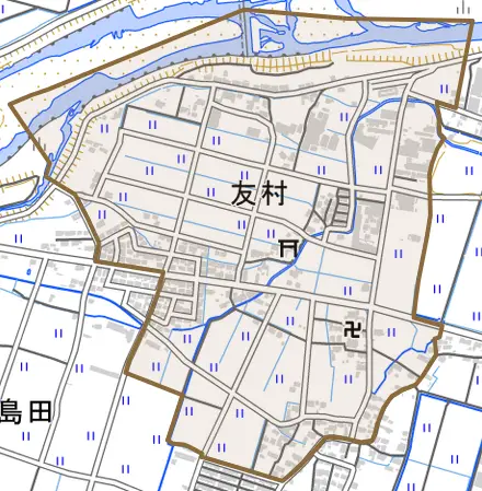 大字友村とその周辺の地図。町の範囲を重ねている
