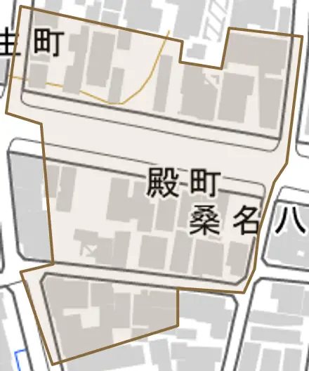 殿町とその周辺の地図。町の範囲を重ねている