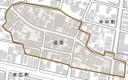 堤原とその周辺の地図。町の範囲を重ねている