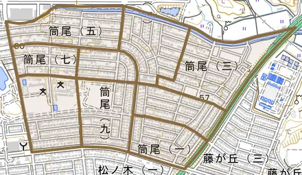 筒尾とその周辺の地図。町の範囲を重ねている