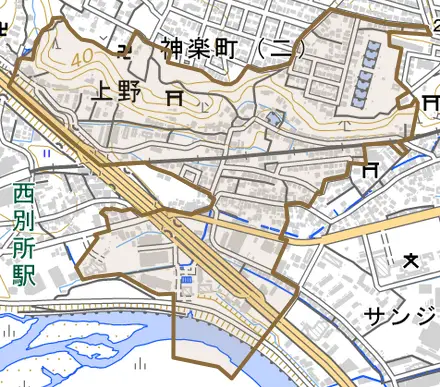 大字上野とその周辺の地図。町の範囲を重ねている