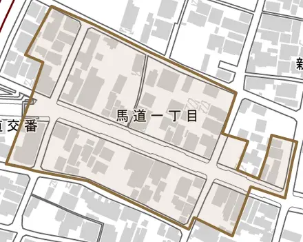 馬道とその周辺の地図。町の範囲を重ねている