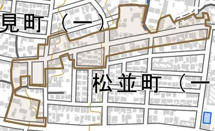 梅園通とその周辺の地図。町の範囲を重ねている