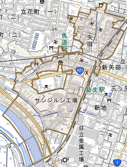 大字矢田とその周辺の地図。町の範囲を重ねている