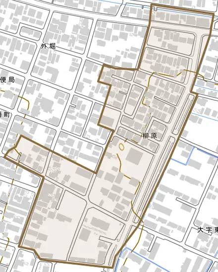 柳原とその周辺の地図。町の範囲を重ねている