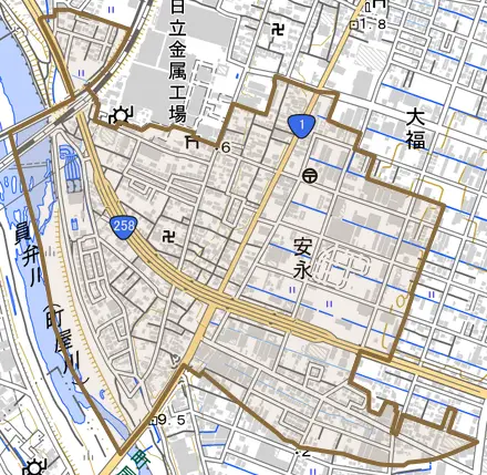 大字安永とその周辺の地図。町の範囲を重ねている
