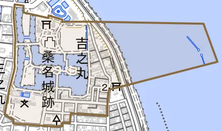 吉之丸とその周辺の地図。町の範囲を重ねている
