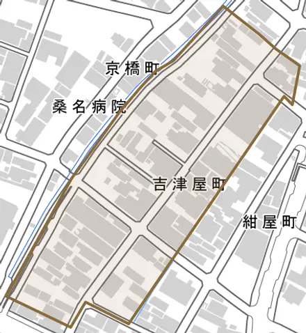 吉津屋町とその周辺の地図。町の範囲を重ねている