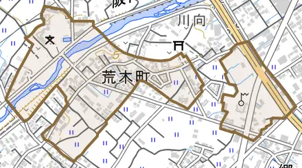 荒木町とその周辺の地図。町の範囲を重ねている