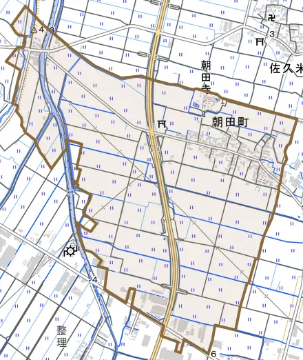 朝田町とその周辺の地図。町の範囲を重ねている