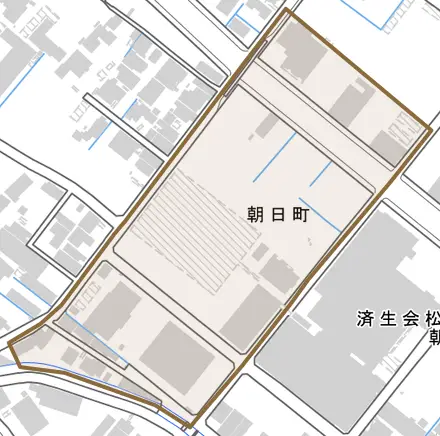 朝日町とその周辺の地図。町の範囲を重ねている