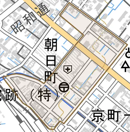 朝日町一区とその周辺の地図。町の範囲を重ねている