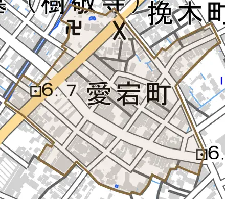 愛宕町とその周辺の地図。町の範囲を重ねている