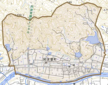 阿波曽町とその周辺の地図。町の範囲を重ねている