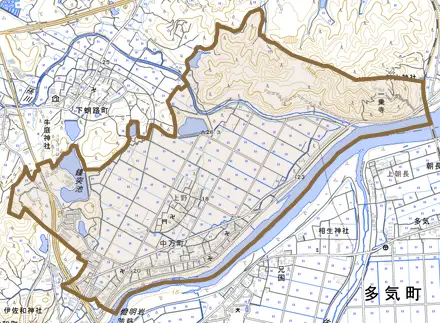 中万町とその周辺の地図。町の範囲を重ねている