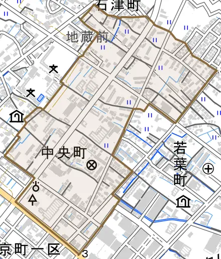 中央町とその周辺の地図。町の範囲を重ねている