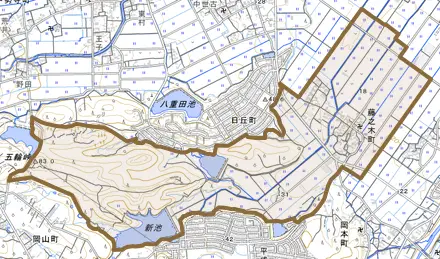 藤之木町とその周辺の地図。町の範囲を重ねている
