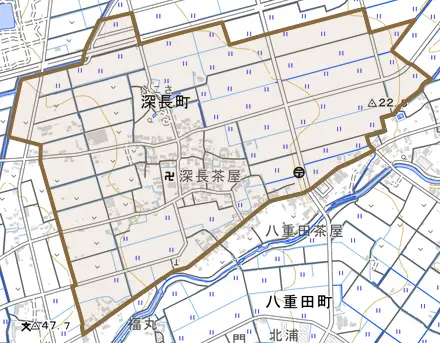 深長町とその周辺の地図。町の範囲を重ねている