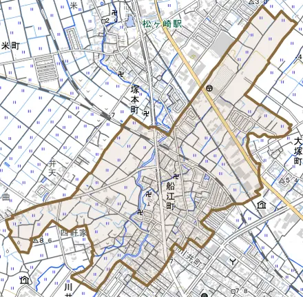 船江町とその周辺の地図。町の範囲を重ねている