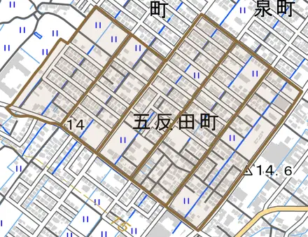 五反田町とその周辺の地図。町の範囲を重ねている