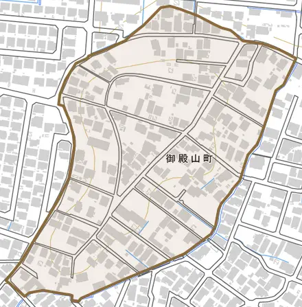 御殿山町とその周辺の地図。町の範囲を重ねている
