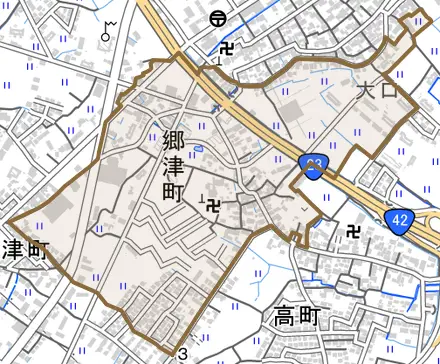 郷津町とその周辺の地図。町の範囲を重ねている