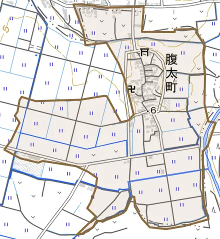 腹太町とその周辺の地図。町の範囲を重ねている