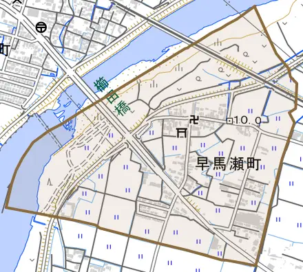 早馬瀬町とその周辺の地図。町の範囲を重ねている