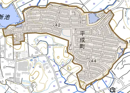 平成町とその周辺の地図。町の範囲を重ねている