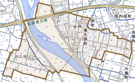 東久保町とその周辺の地図。町の範囲を重ねている