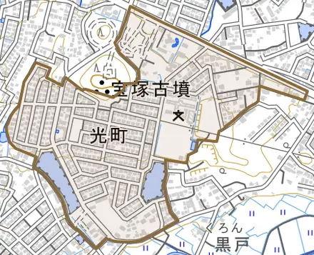 光町とその周辺の地図。町の範囲を重ねている