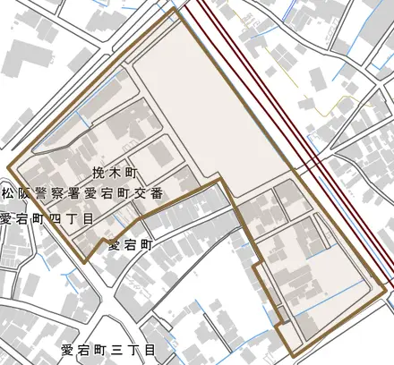 挽木町とその周辺の地図。町の範囲を重ねている