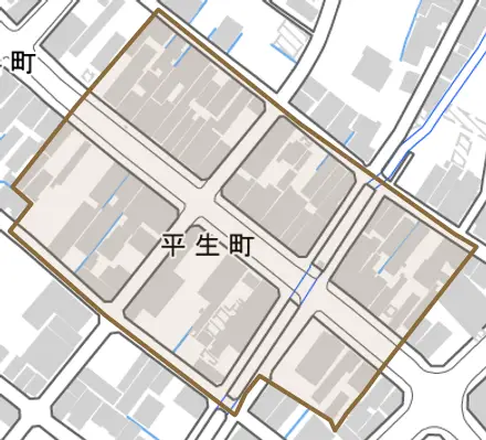 平生町とその周辺の地図。町の範囲を重ねている